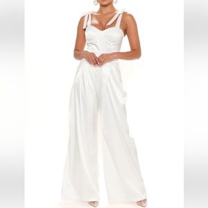 Satin white jumpsuit with tie straps
